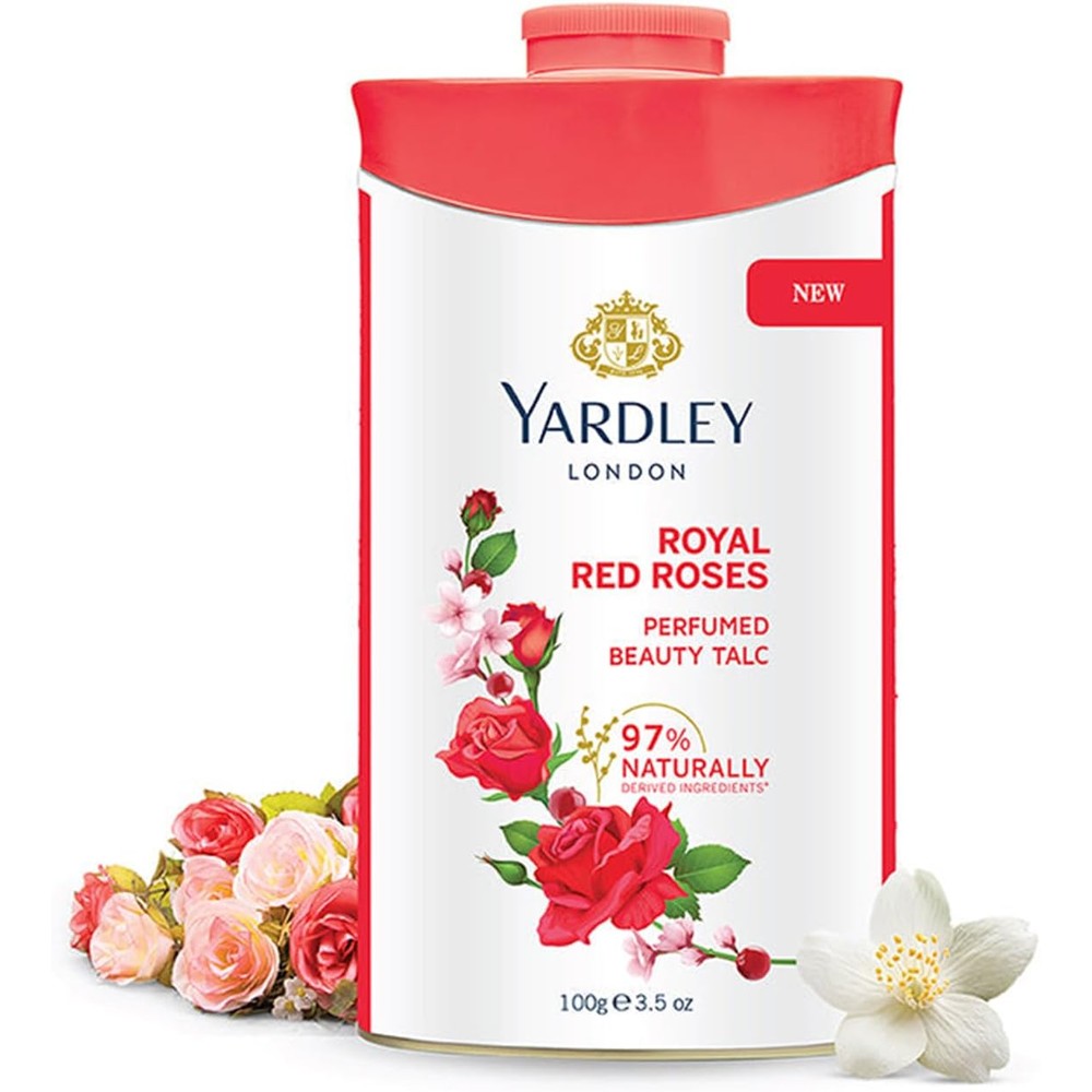 Yardley London Royal Red Roses Perfumed Beauty Talc 100g front view red and white tin container