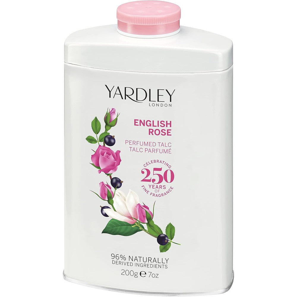 Yardley London English Rose Perfumed Talc 7 Ounce front view of the premium imported tin canister