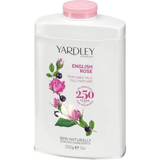 Yardley London English Rose Perfumed Talc 7 Ounce front view of the premium imported tin canister
