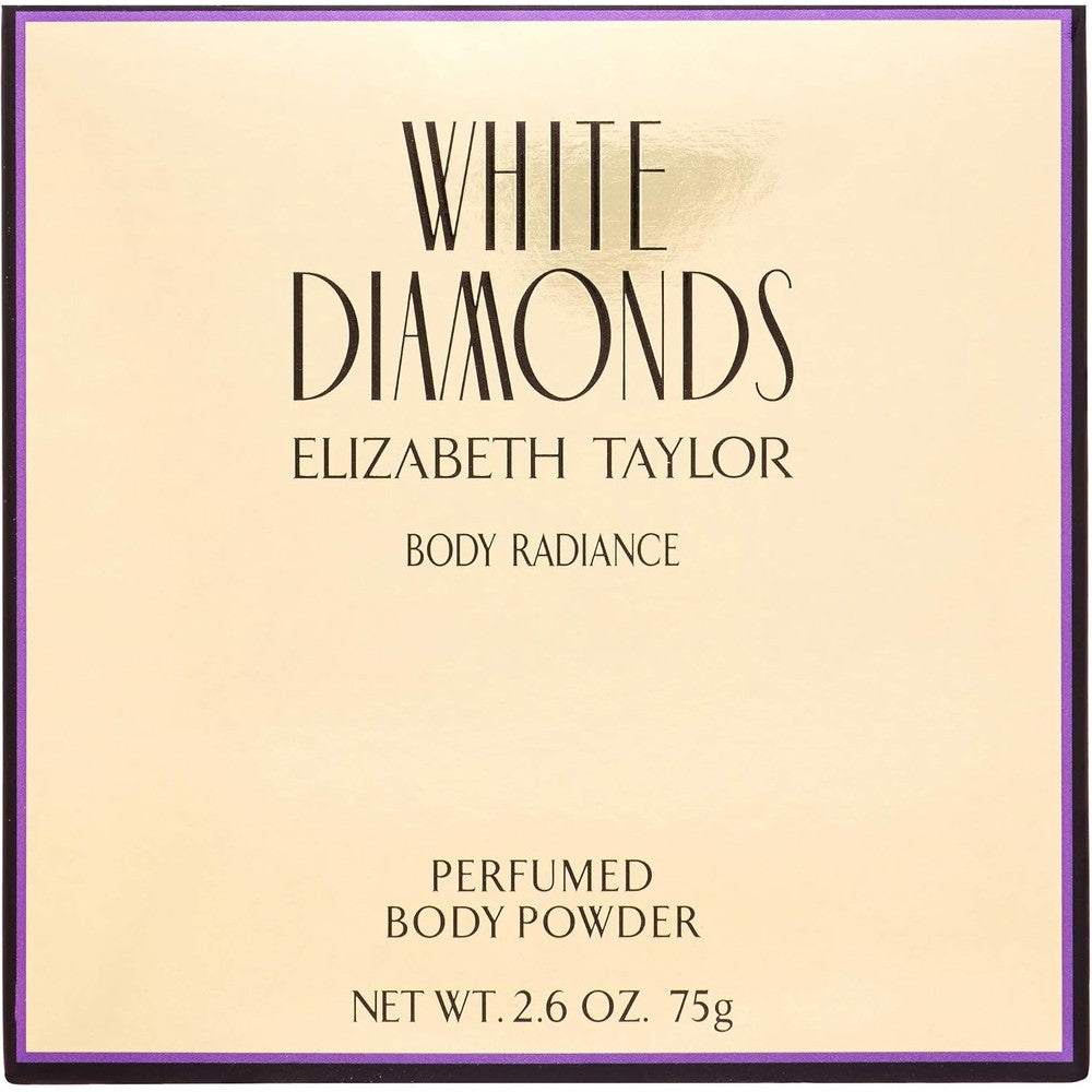 Elizabeth Taylor White Diamonds Body Radiance Perfumed Body Powder front view container on display.