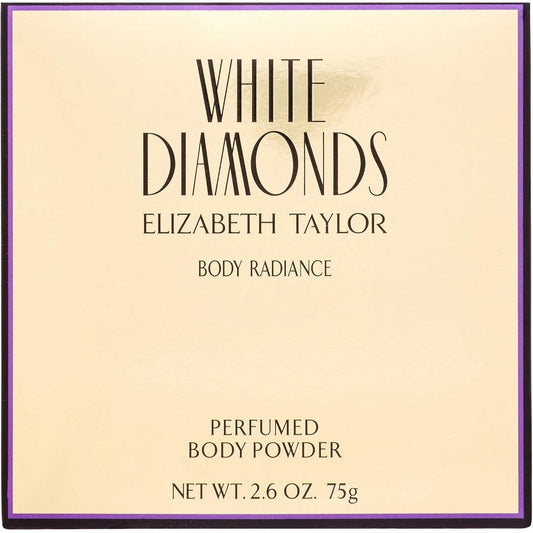 Elizabeth Taylor White Diamonds Body Radiance Perfumed Body Powder front view container on display.
