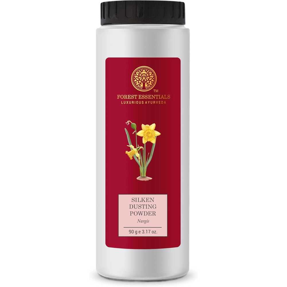 Forest Essentials Silken Dusting Powder Nargis 100 grams front view packaging premium talc free natural body powder