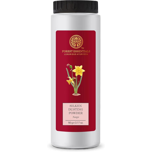 Forest Essentials Silken Dusting Powder Nargis 100 grams front view packaging premium talc free natural body powder