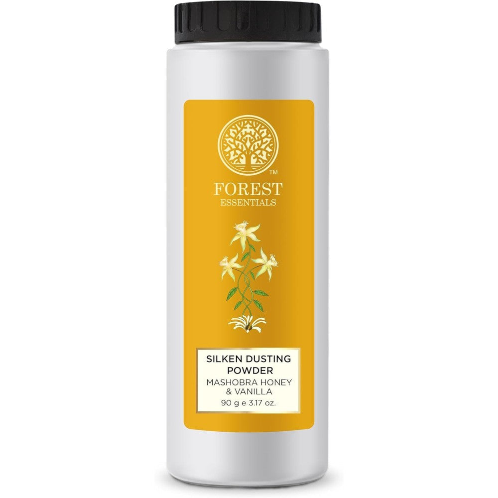 Forest Essentials Silken Dusting Powder Mashobra Honey and Vanilla front view natural body powder container