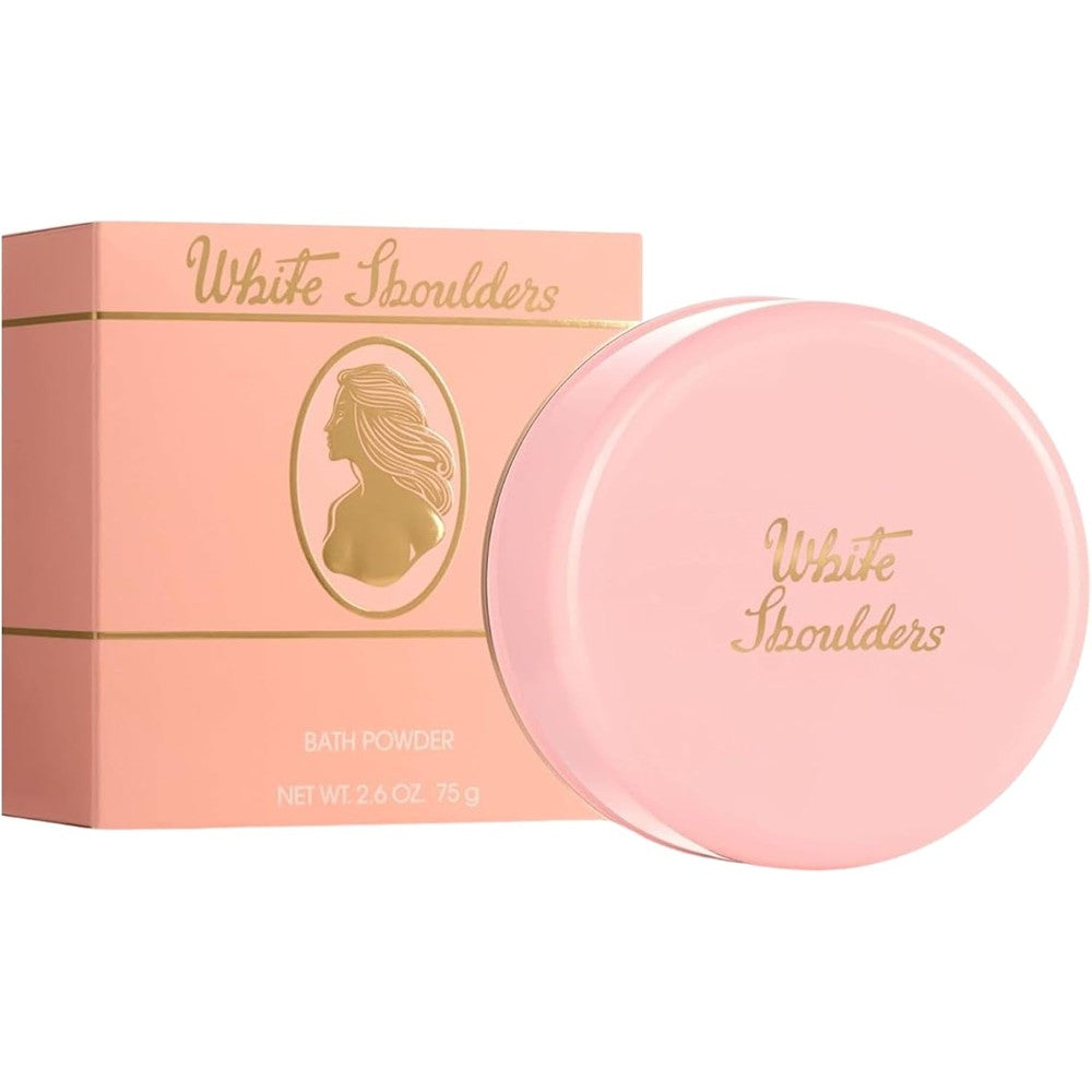 Evyan White Shoulders Bath Powder for Women front view showcasing the classic vintage packaging.