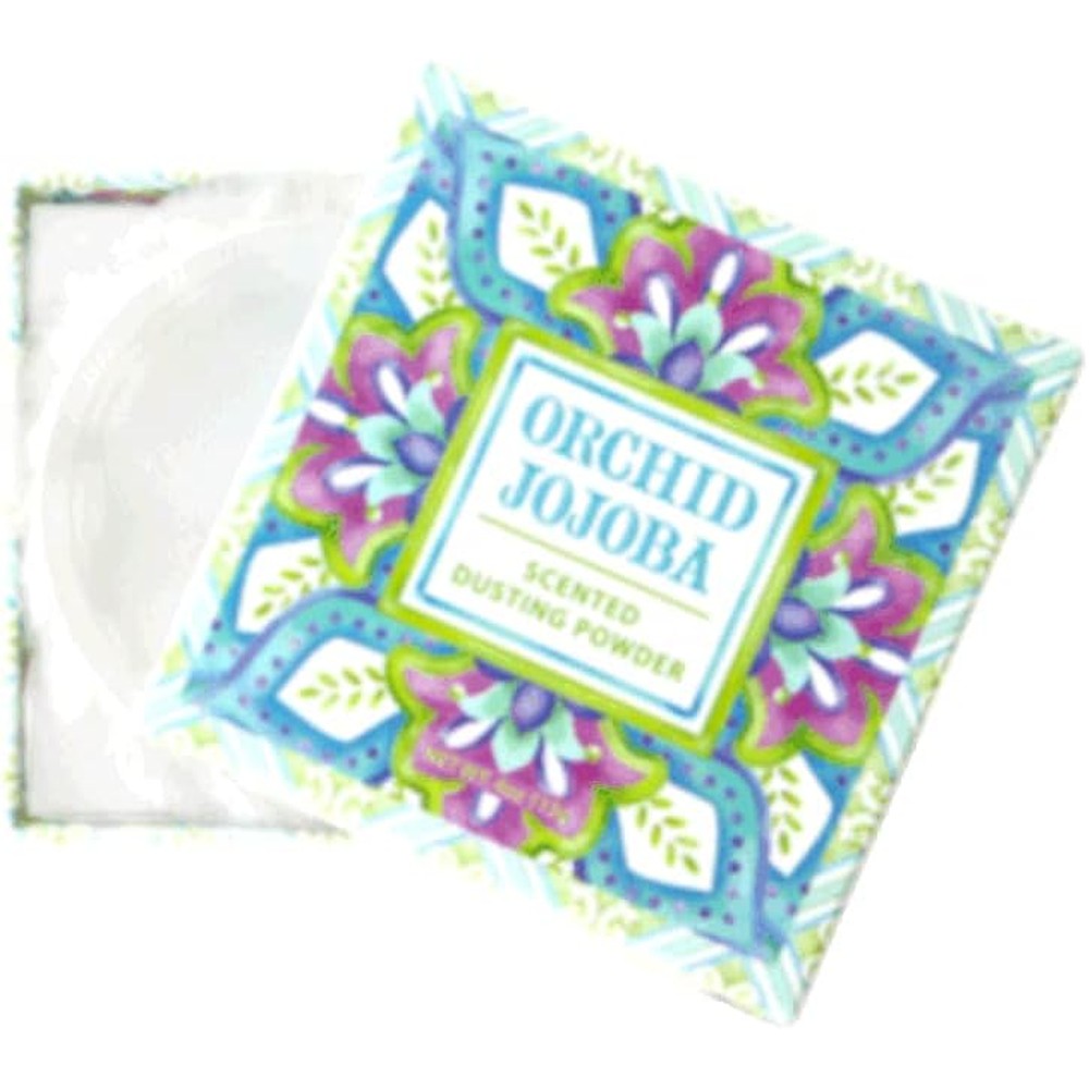 Greenwich Bay Trading Company Orchid Jojoba Scented Dusting Powder front view gift box packaging