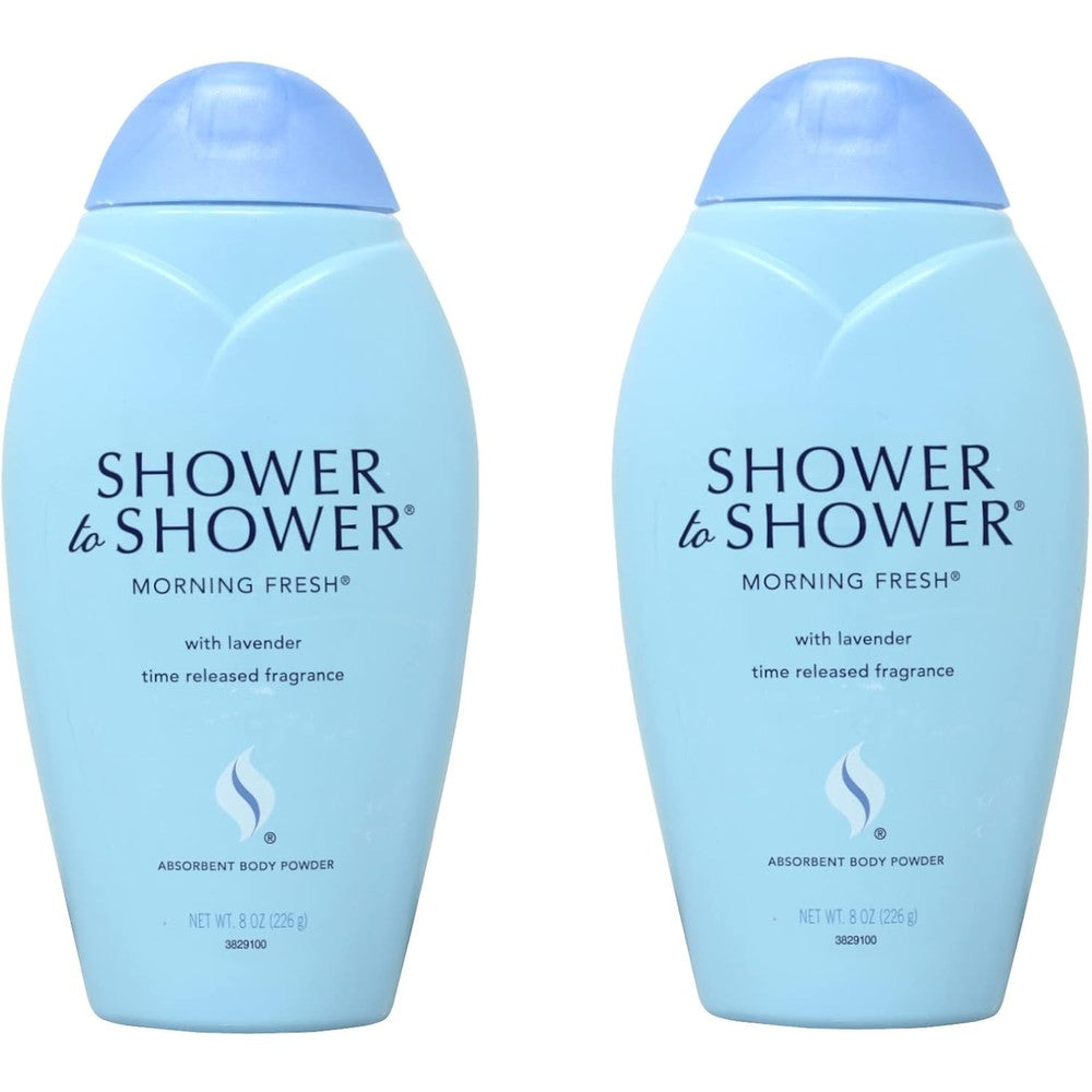 Shower to Shower Morning Fresh Absorbent Body Powder front packaging view showing the blue bottle.