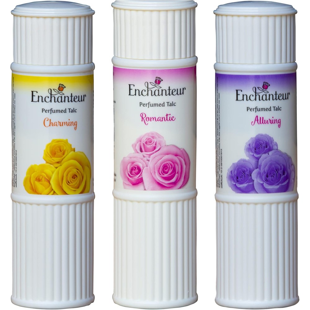 Enchanteur Perfumed Body Talcum Powder trio pack front view showcasing luxury floral packaging.