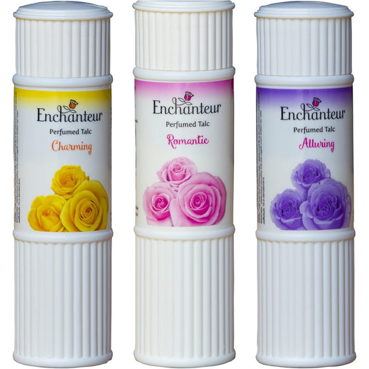 Enchanteur Perfumed Body Talcum Powder trio pack front view showcasing luxury floral packaging.
