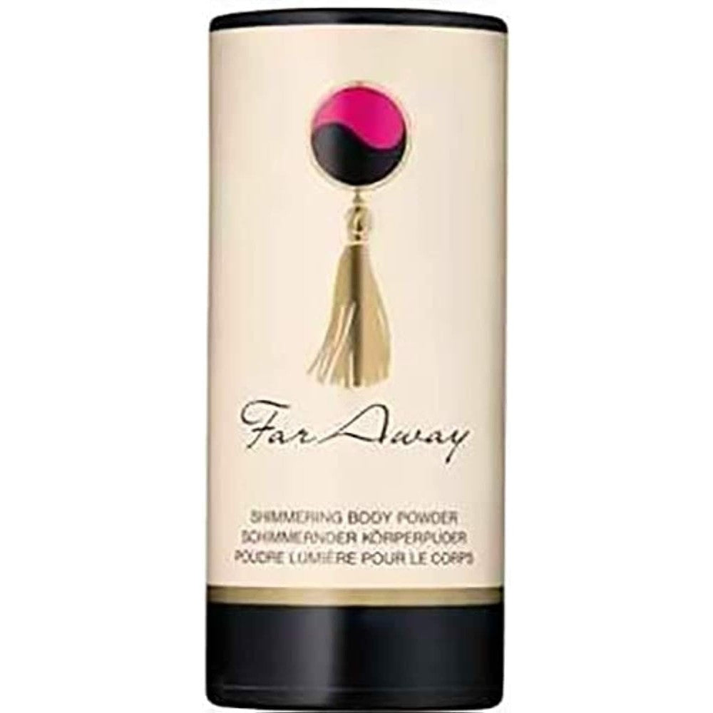 Avon Far Away Shimmering Body Powder 1.4 Ounce front view bottle showcasing the elegant fragranced dusting powder packaging.