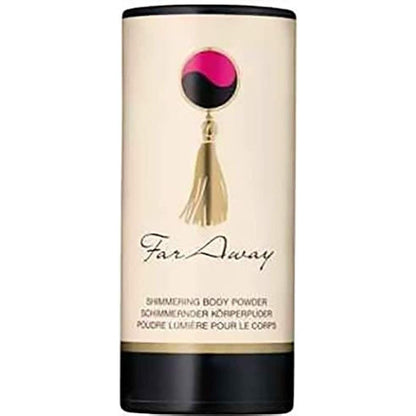 Avon Far Away Shimmering Body Powder 1.4 Ounce front view bottle showcasing the elegant fragranced dusting powder packaging.
