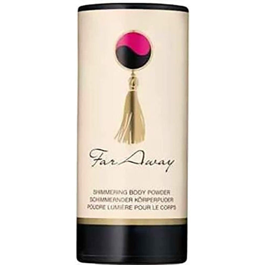 Avon Far Away Shimmering Body Powder 1.4 Ounce front view bottle showcasing the elegant fragranced dusting powder packaging.