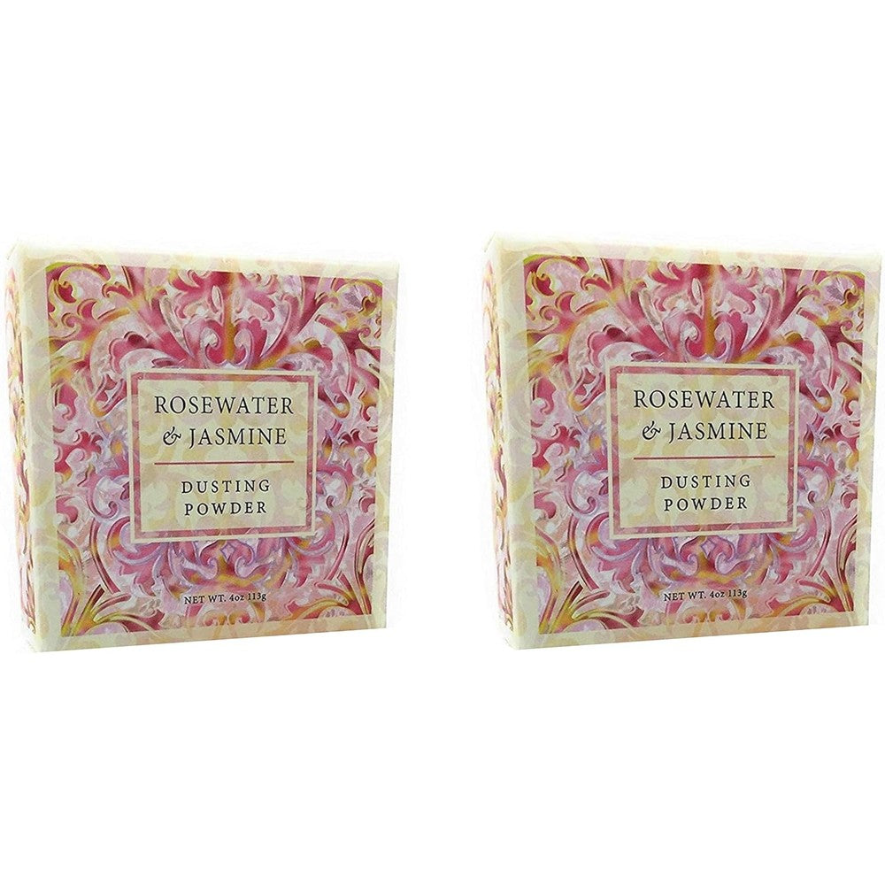 Greenwich Bay Trading Co Dusting Powder front view of the rosewater and jasmine gift box with puff