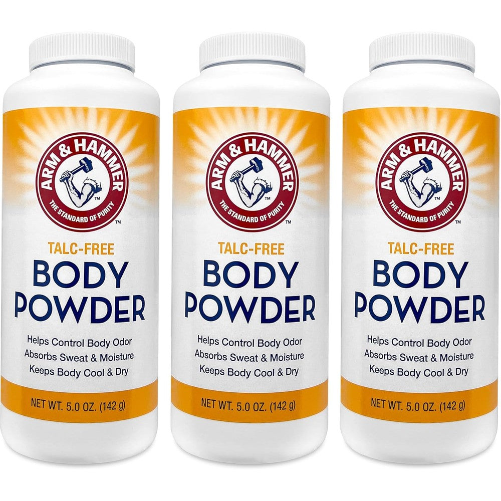 Arm And Hammer Talc Free Body Powder front view showing three pack packaging for sweat control.