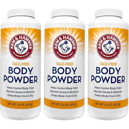 Arm And Hammer Talc Free Body Powder front view showing three pack packaging for sweat control.