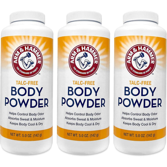 Arm And Hammer Talc Free Body Powder front view showing three pack packaging for sweat control.