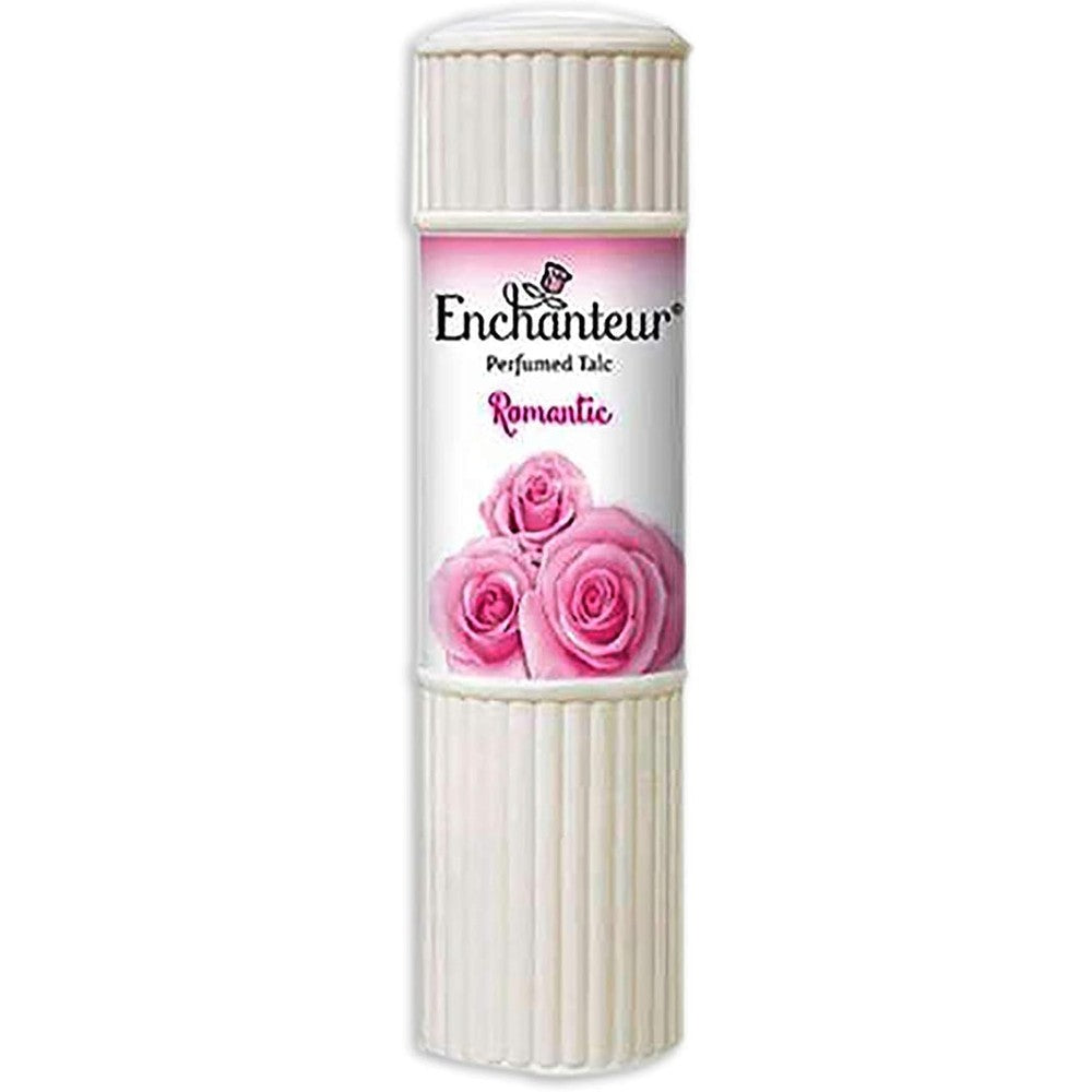 Enchanteur Romantic Body Perfumed Talc 200 Grams bottle front view showing floral rose graphics.