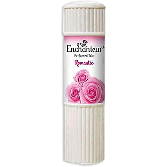 Enchanteur Romantic Body Perfumed Talc 200 Grams bottle front view showing floral rose graphics.