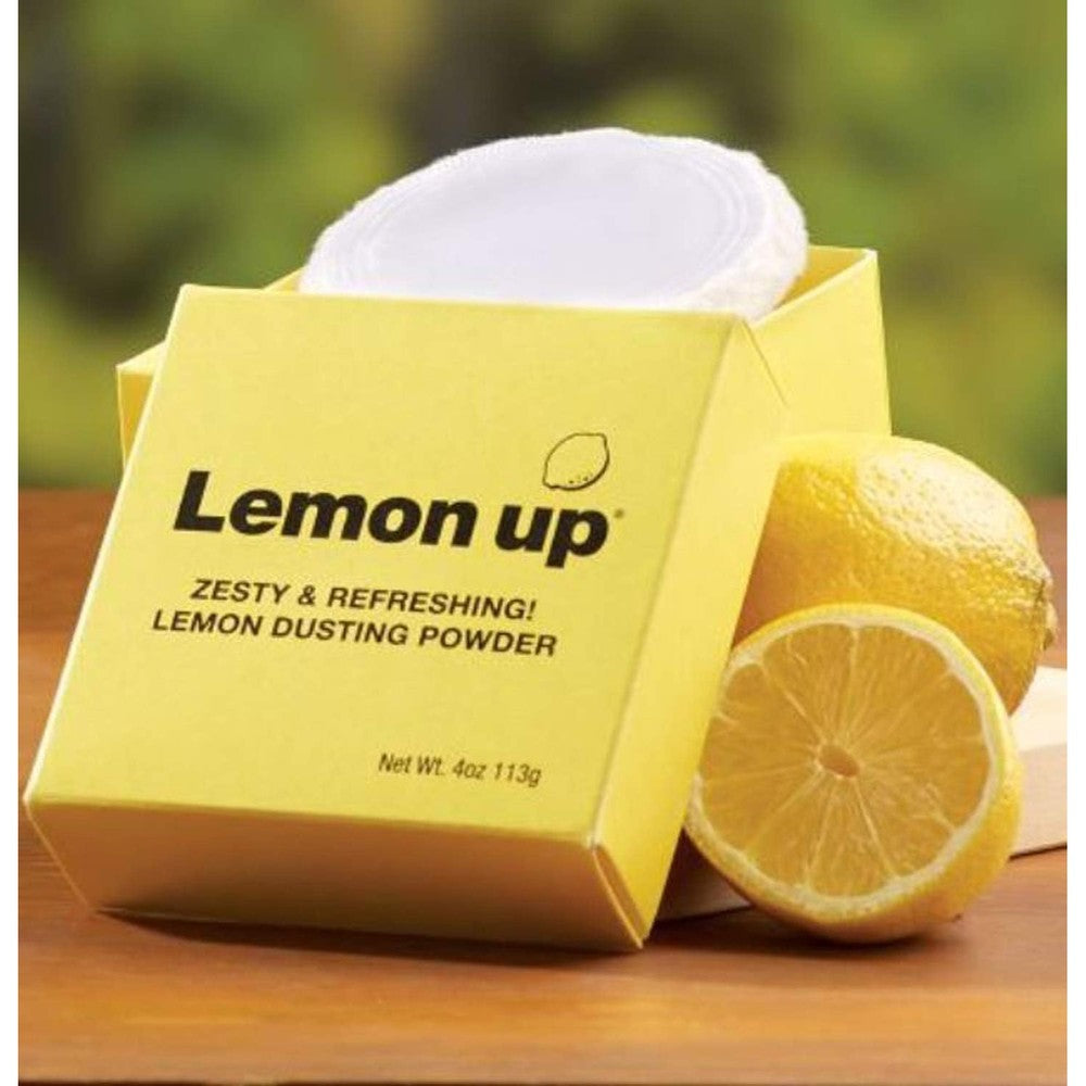 L E M O N Limited Edition Lemon Up Dusting Powder container front view showing the citrus themed packaging.