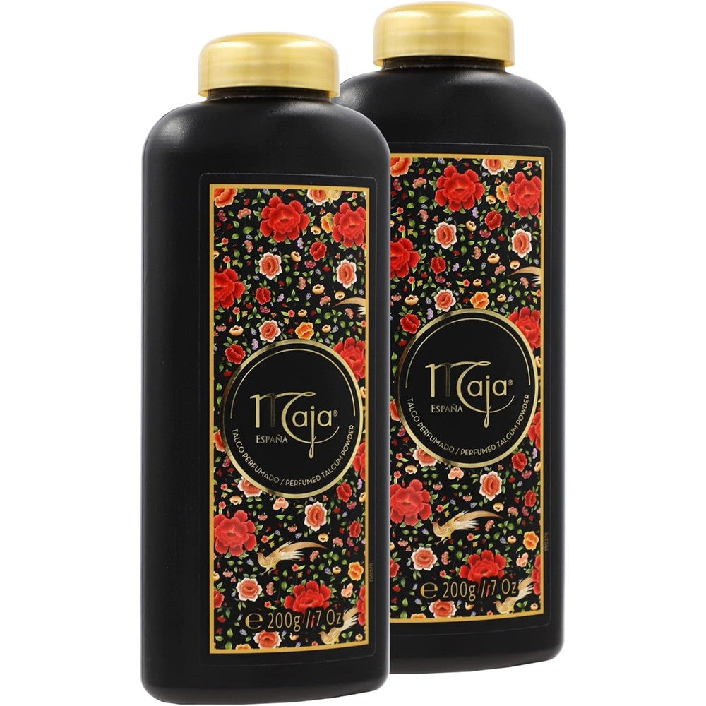 Maja Perfumed Talcum Powder two pack front view featuring iconic Spanish floral artwork container.