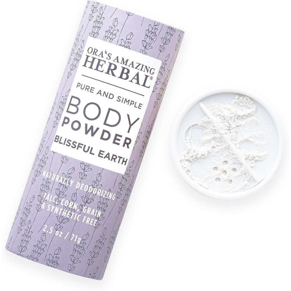 Ora's Amazing Herbal Talc Free Body Powder front view of Blissful Earth canister