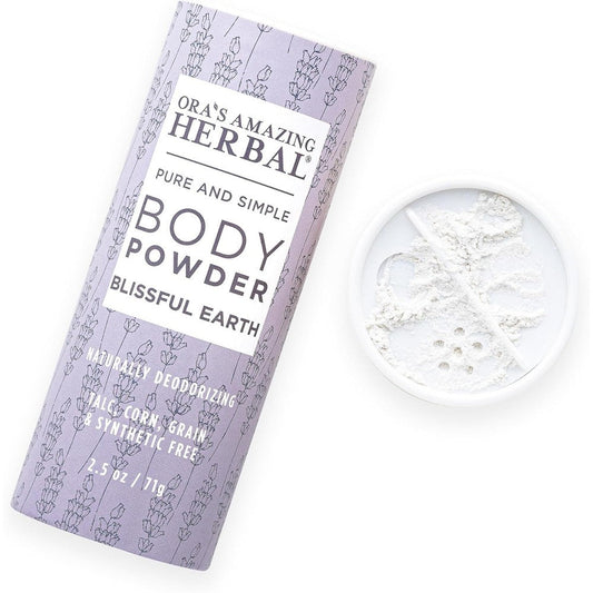 Ora's Amazing Herbal Talc Free Body Powder front view of Blissful Earth canister
