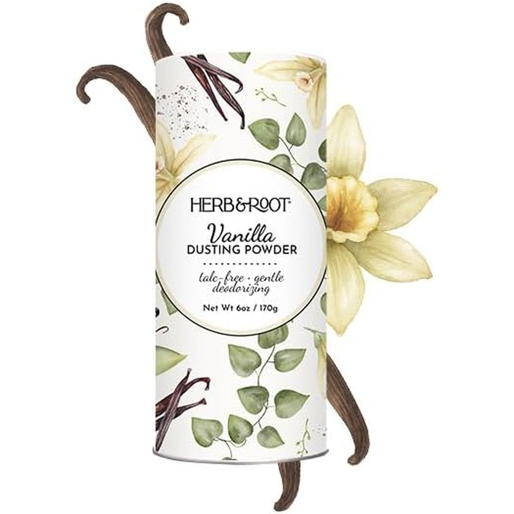 Herb and Root Talc Free Body Dusting Powder Vanilla front view botanical packaging