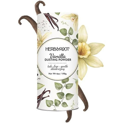 Herb and Root Talc Free Body Dusting Powder Vanilla front view botanical packaging