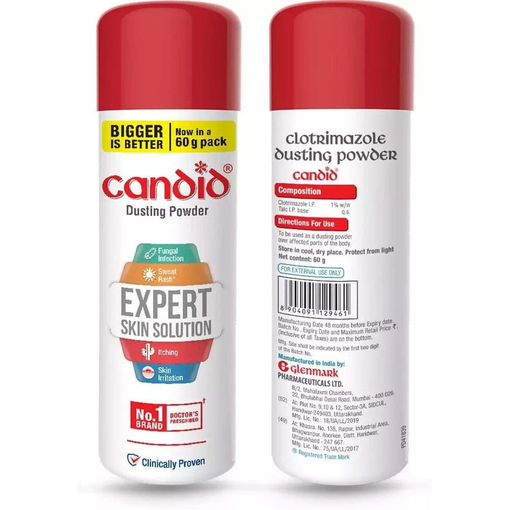 Candid MagicHood Dusting Powder front view showing the 120 gram bottle packaging.