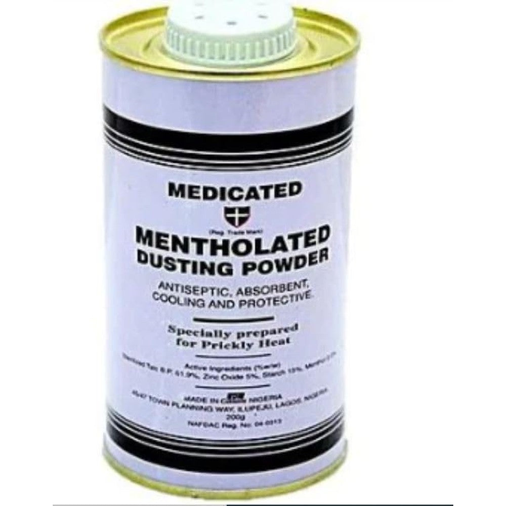 SurulereFoods Medicated Mentholated Dusting Powder front view container for cooling sweat relief