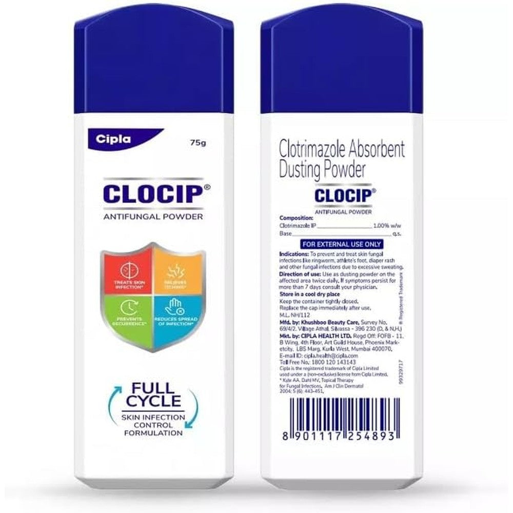 Generic Clocip Antifungal Dusting Powder front view pack of two for sweat rash relief