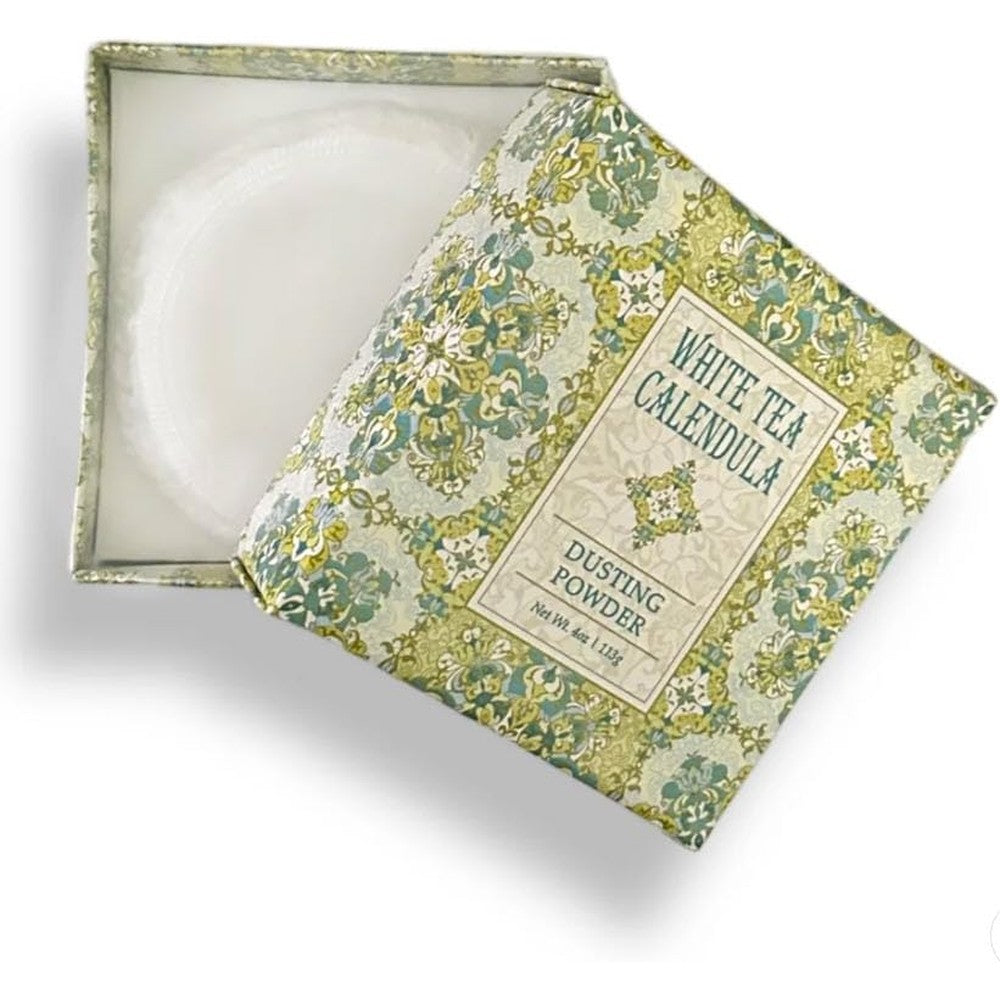 Greenwich Bay Trading Company White Tea Calendula Dusting Powder front view of gift box with powder puff