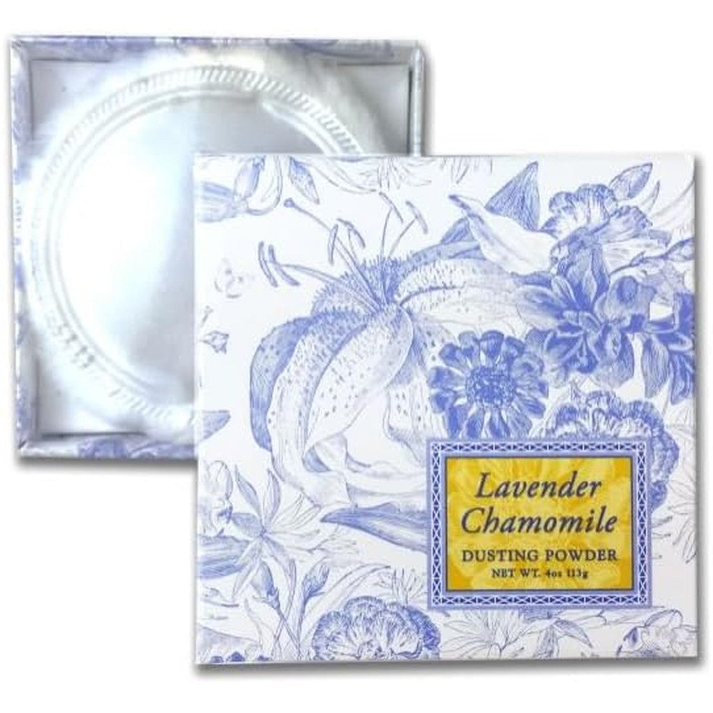 Greenwich Bay Trading Company Lavender Chamomile Dusting Powder 4 Ounce packaging front view with included soft powder puff