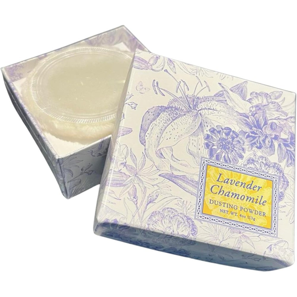 Greenwich Bay Trading Company Lavender Chamomile Dusting Powder front view box and puff packaging