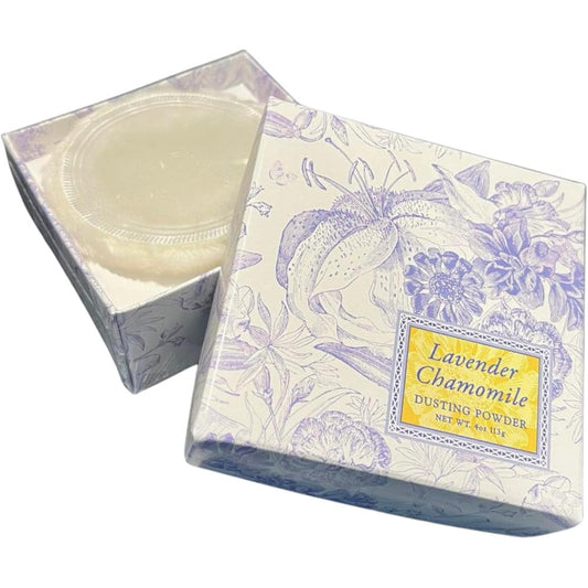 Greenwich Bay Trading Company Lavender Chamomile Dusting Powder front view box and puff packaging