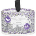 Woods of Windsor Lavender Perfumed Talcum Powder front view of cylindrical floral packaging