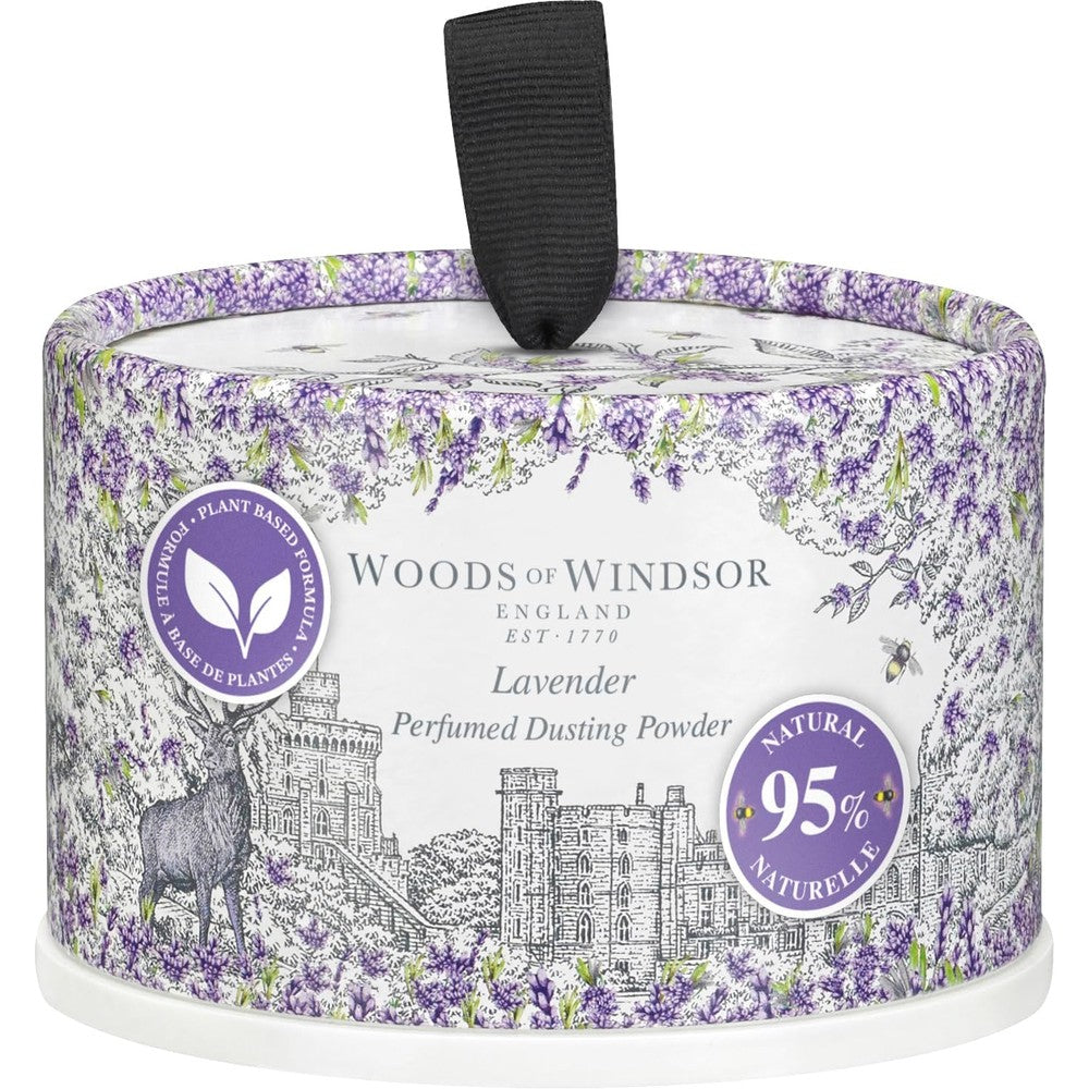 Woods of Windsor Lavender Perfumed Talcum Powder front view of cylindrical floral packaging