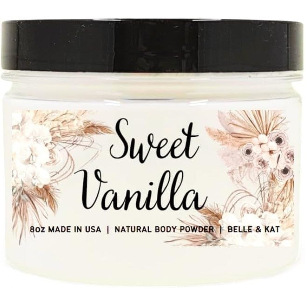 Belle and Kat Sweet Vanilla Scented Body Powder front view eight ounce container