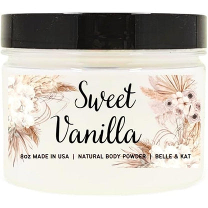 Belle and Kat Sweet Vanilla Scented Body Powder front view eight ounce container