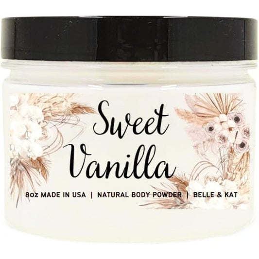 Belle and Kat Sweet Vanilla Scented Body Powder front view eight ounce container