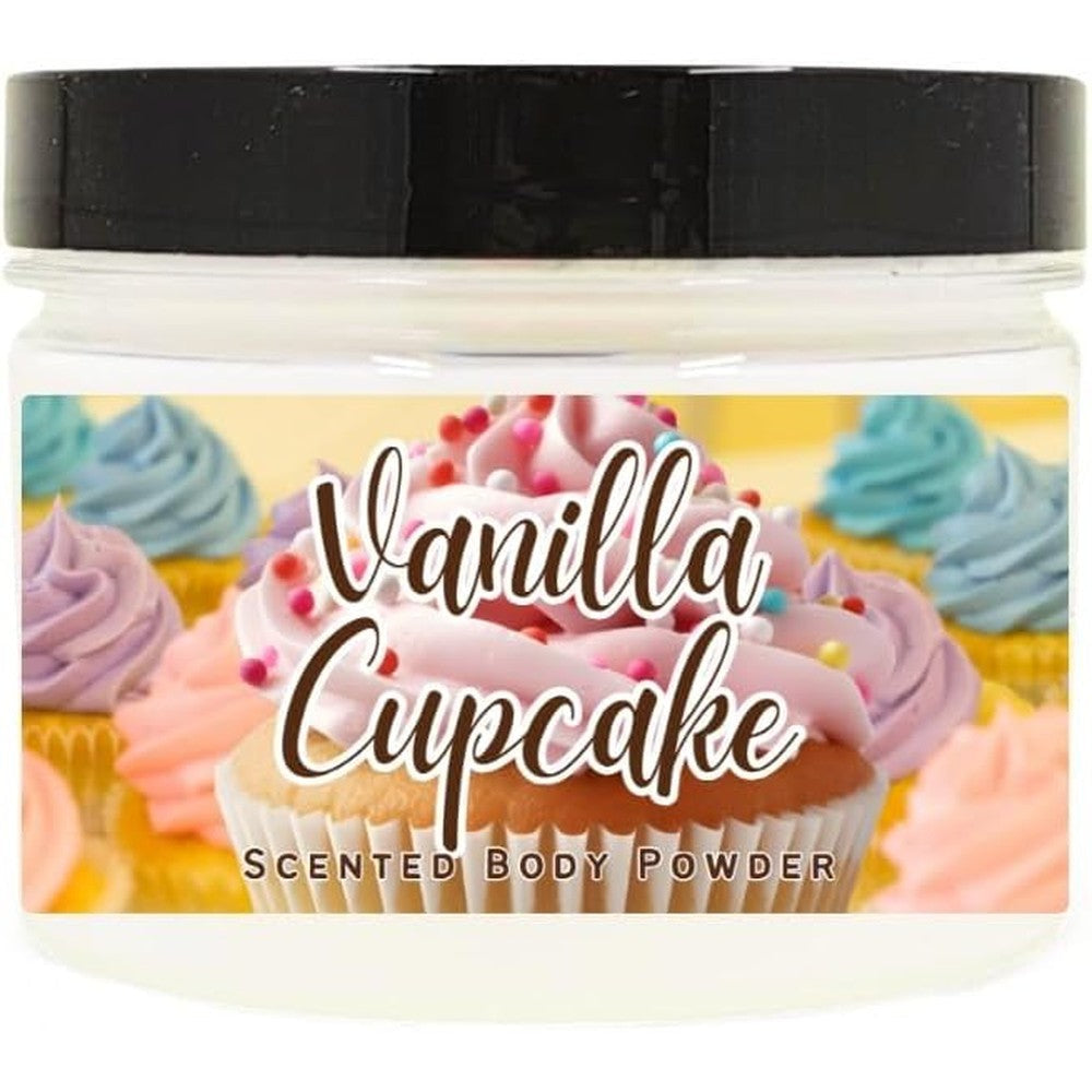 Handmade vanilla cupcake body powder front view packaging