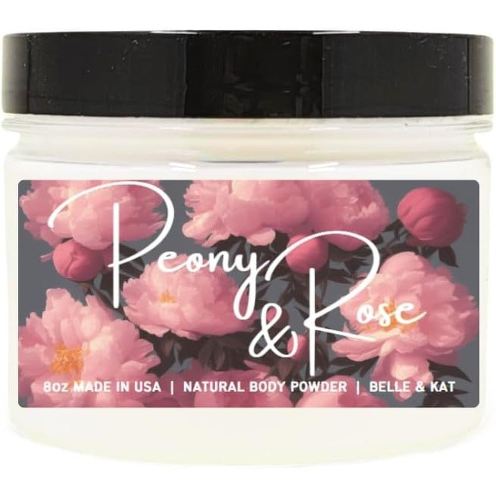 Belle and Kat Peony and Rose Scented Body Powder eight ounce front container view for daily sweat absorption.
