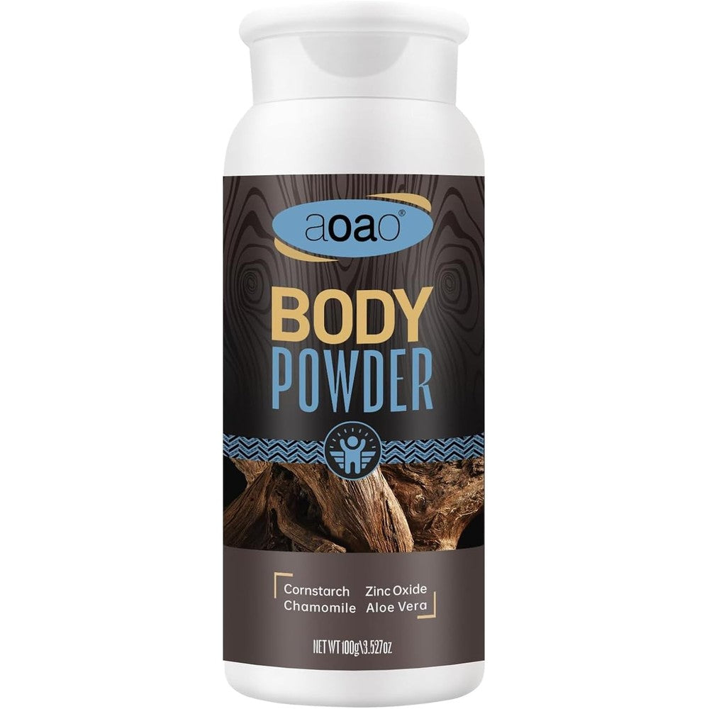 AOAO Sandalwood Talc Free Body Powder front view container for sweat absorption