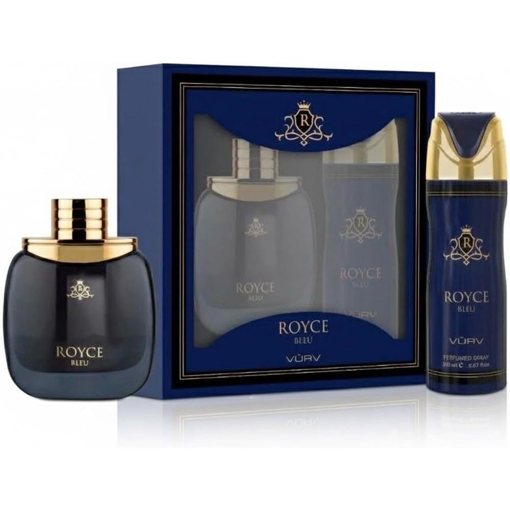Vurv Royce Bleu two piece fragrance gift set front view featuring premium men's perfume bottle and matching body spray.