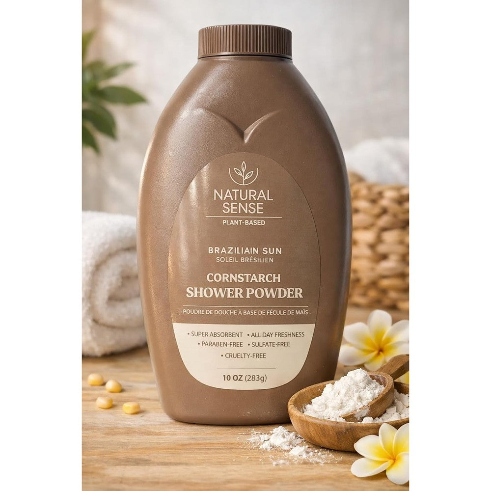 Natural Sense Brazilian Sun Shower Powder front view bottle of plant based cornstarch dusting powder