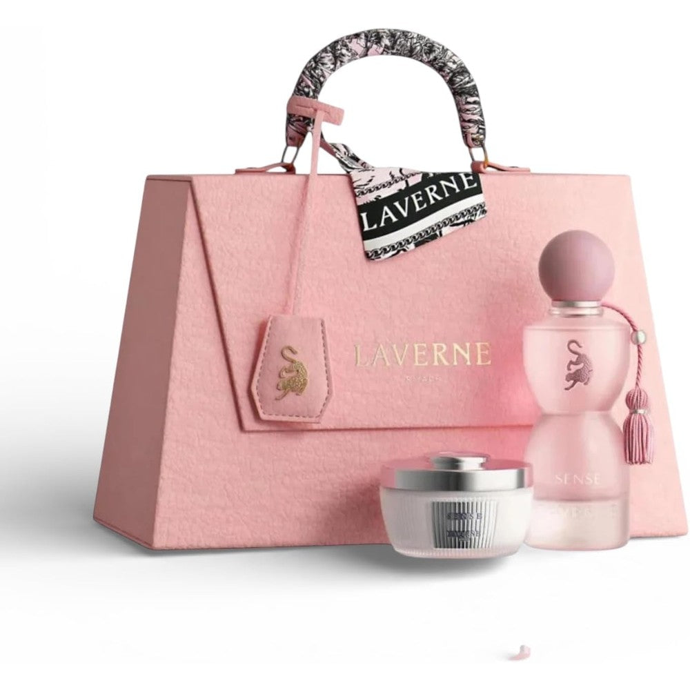 Laverne Sense Perfume Gift Set front view showcasing the Eau de Parfum bottle and body powder
