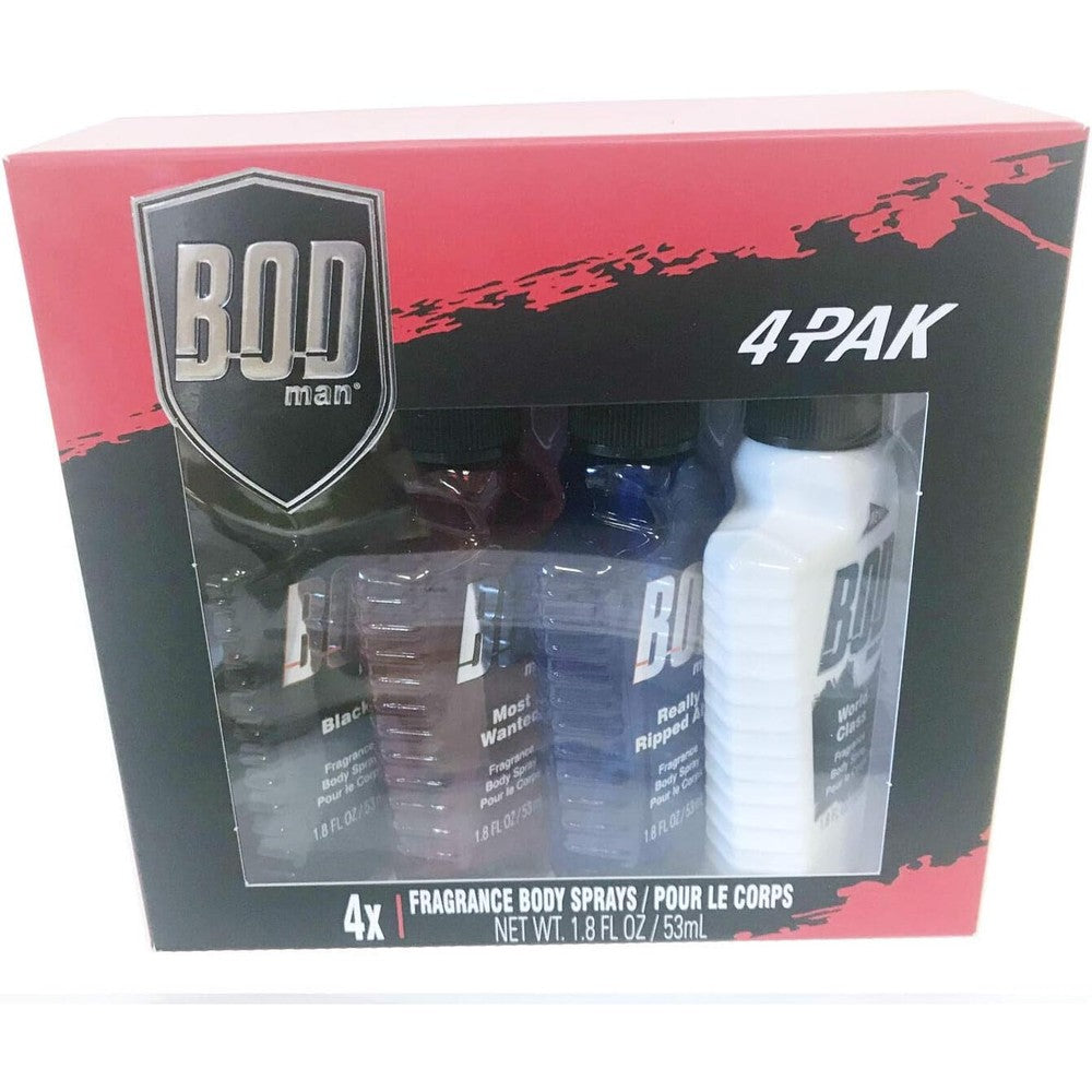 BOD Man Fragrance Body Spray 4-Pack Gift Set front view showing Black and Most Wanted scents.