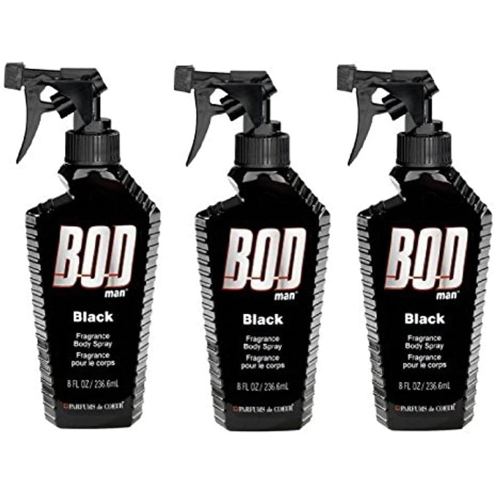 BOD Man Black Mens Body Spray Pack of Three front view showing the signature trigger spray bottle.