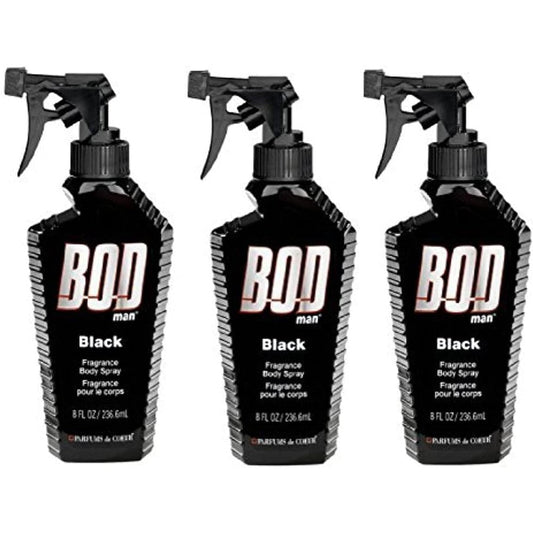 BOD Man Black Mens Body Spray Pack of Three front view showing the signature trigger spray bottle.