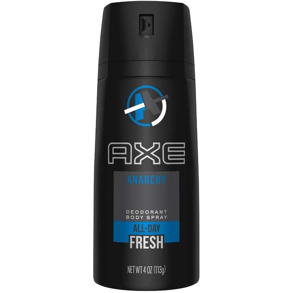 Axe Anarchy For Him Deodorant Body Spray front view pack of four showing authentic USA imported packaging.